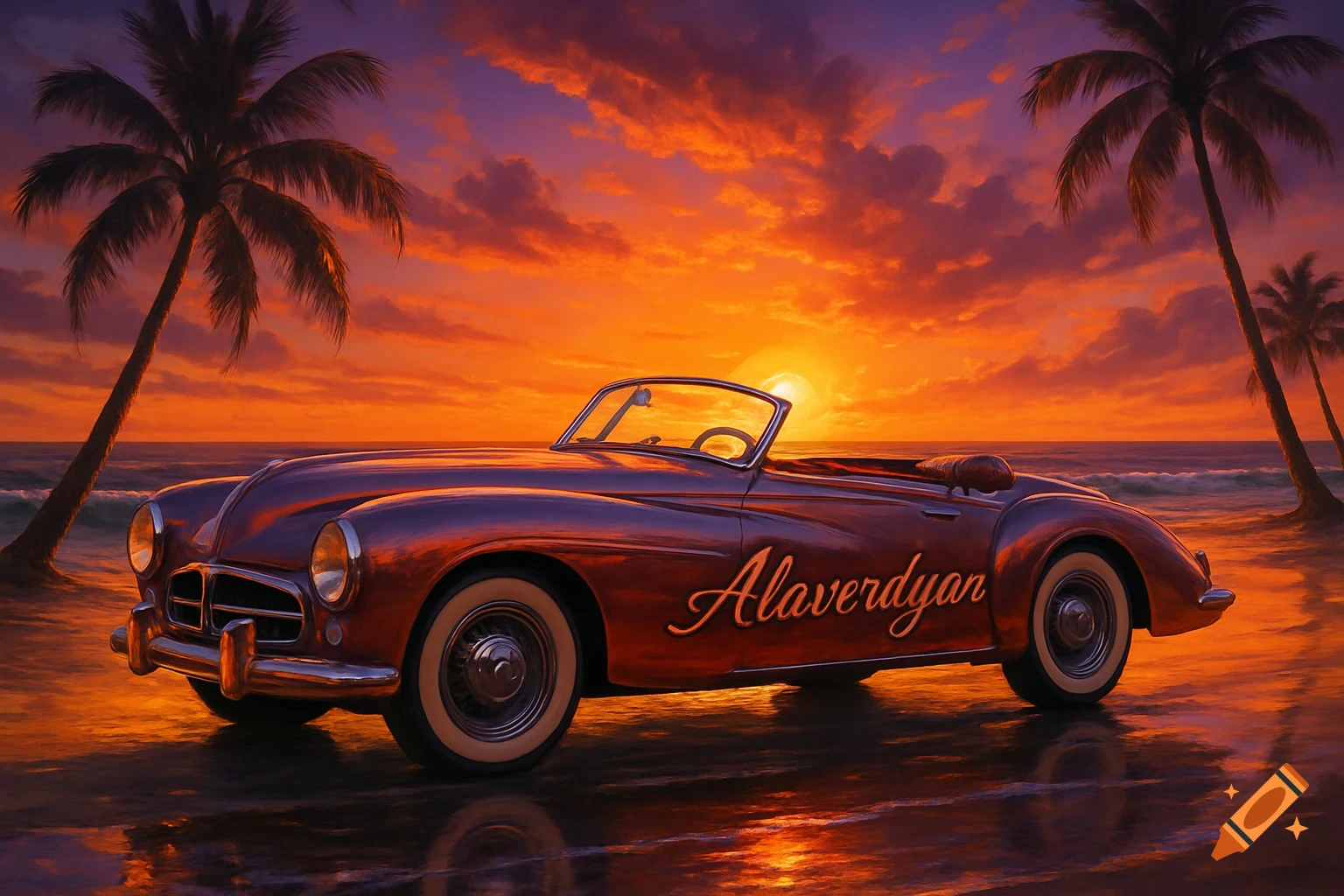 A classic convertible car parked on a wet beach at sunset, with palm trees silhouetted against a vibrant orange and purple sky.