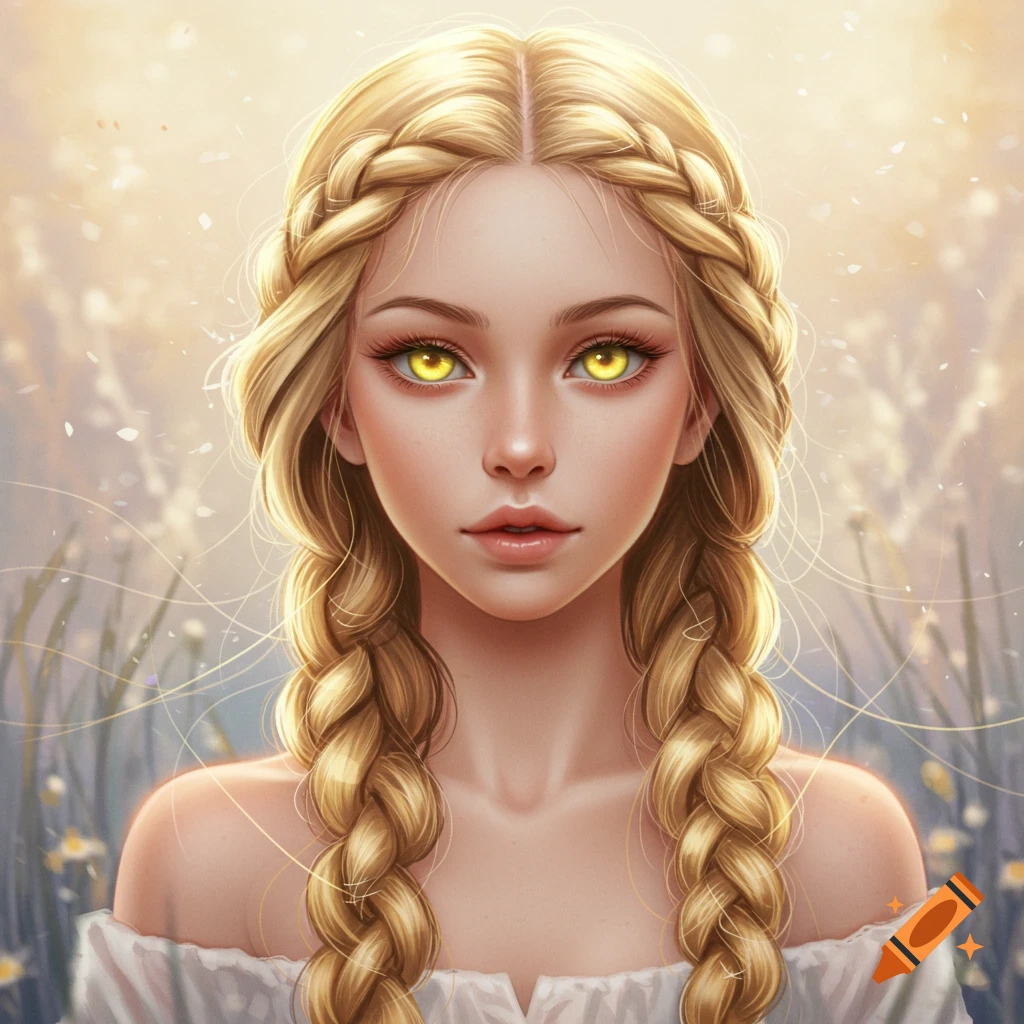 Digital painting of a blond girl with long braids and glowing yellow eyes, wearing a white dress, in a soft, bright outdoor setting.