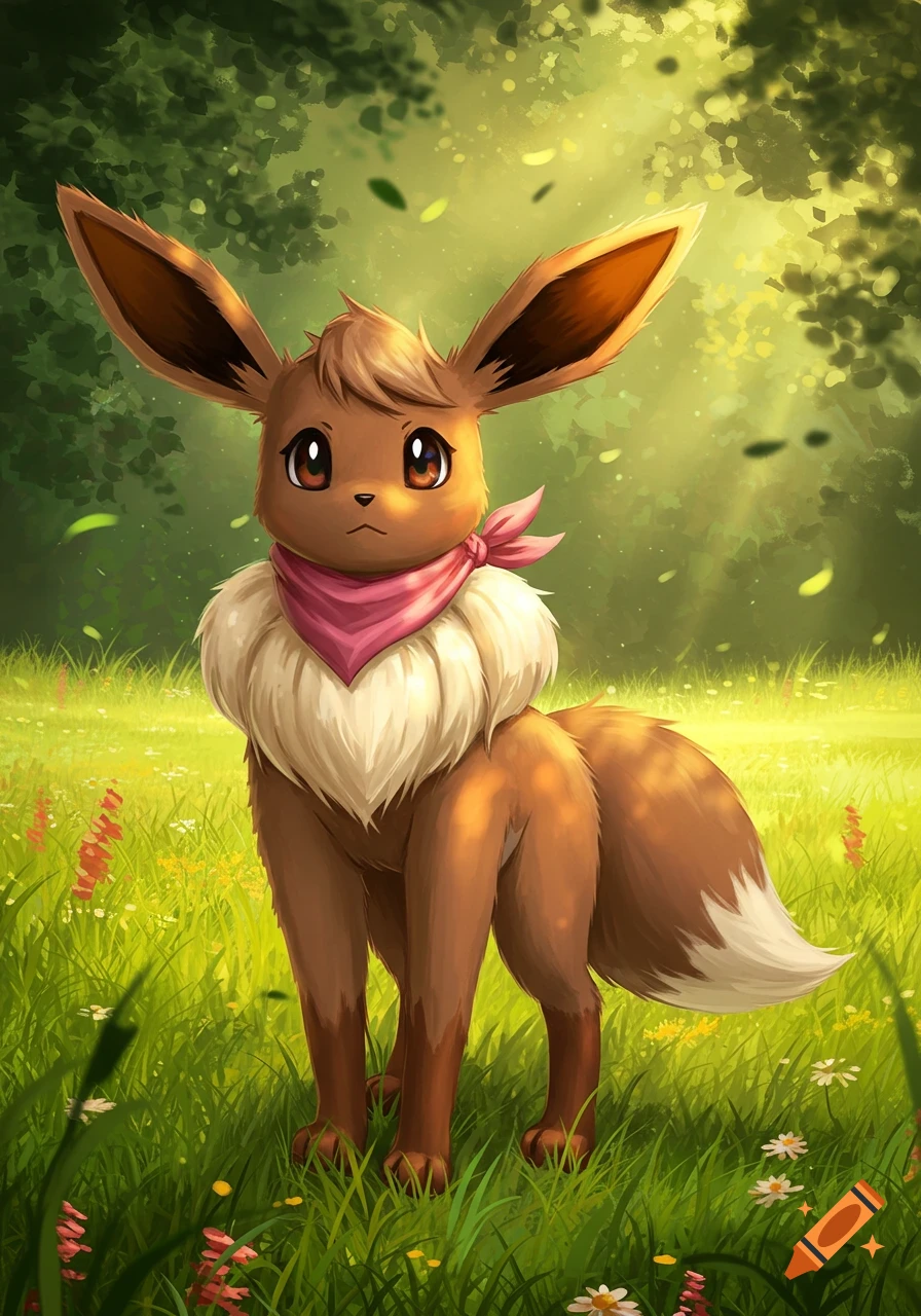 An anthropomorphic Eevee wearing a pink bandana stands in a grassy field with flowers and trees.