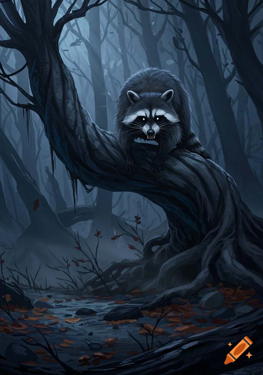 Stylized illustration of an angry raccoon with glowing eyes perched on a gnarled tree in a moody, dark forest at dusk.