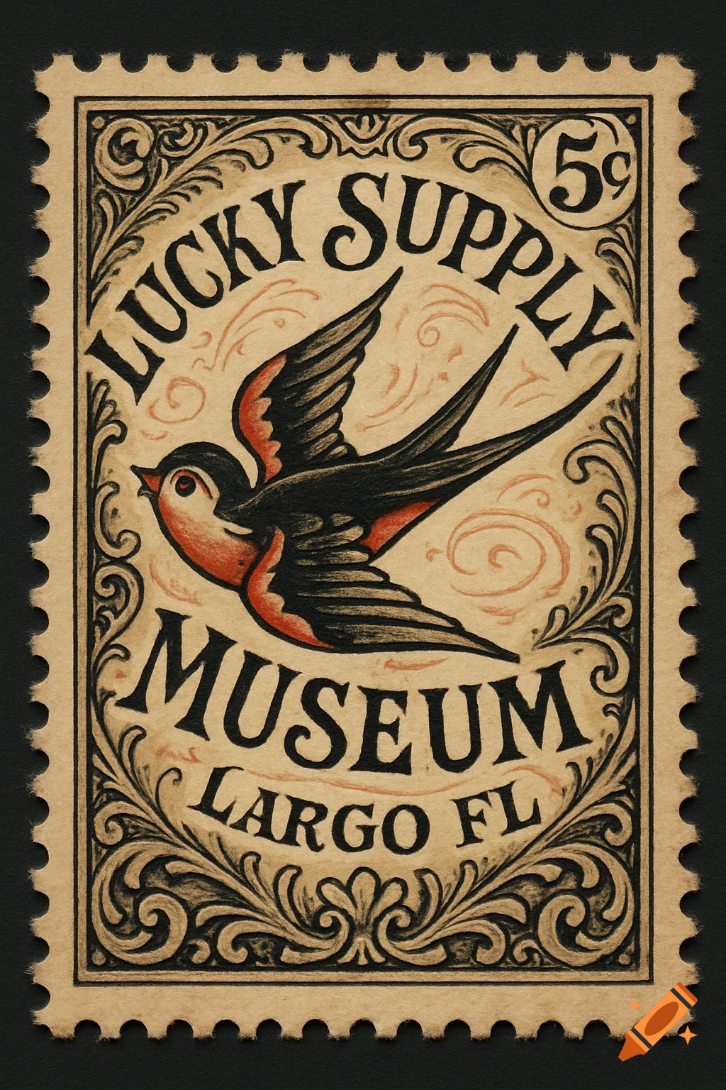 Vintage postage stamp with a traditional tattoo-style swallow, surrounded by ornate scrollwork. Text reads 'Lucky Supply Museum Largo FL 5 A0'.