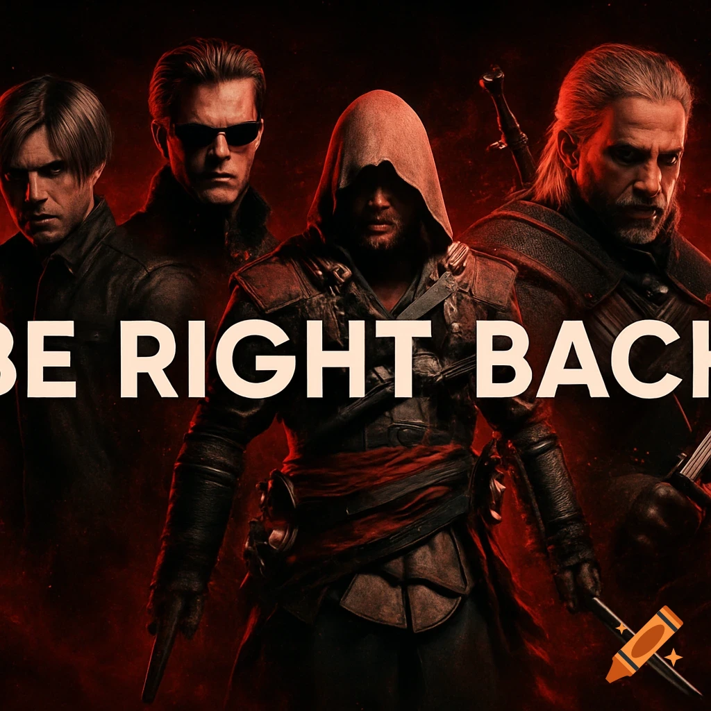 Four male video game characters, including Leon Kennedy, Albert Wesker, Edward Kenway, and Geralt, stand against a red and black background with "BE RIGHT BACK" text.