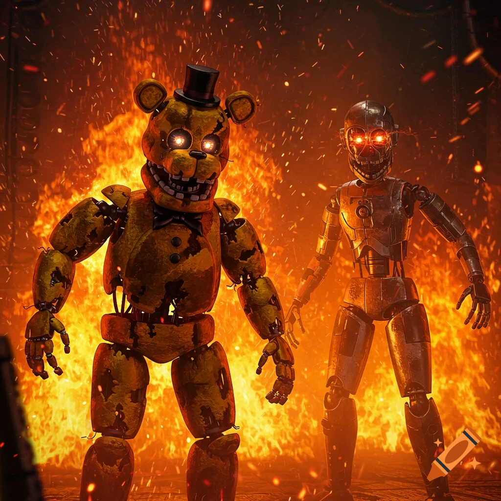 A golden bear-like animatronic and a metallic robot stand in a dark, fiery, and ominous environment.