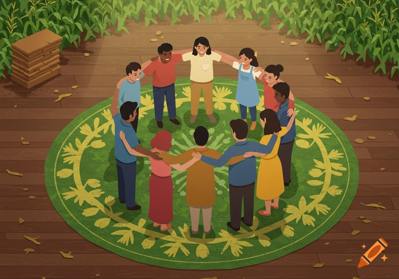 Vector illustration of diverse people hugging in a circle on a green rug with yellow patterns, surrounded by corn fields.
