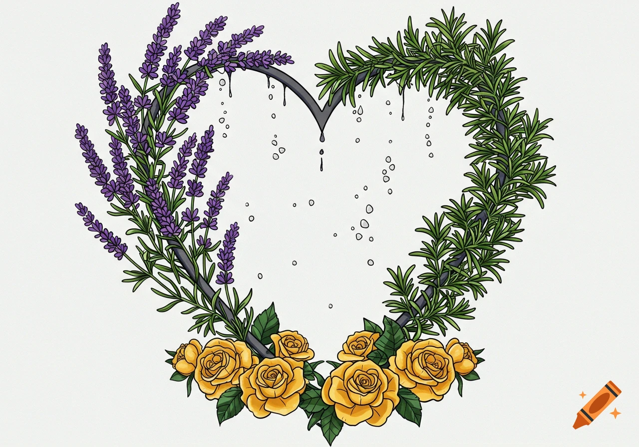 An illustrated heart made of lavender, rosemary, and yellow roses, with droplets.