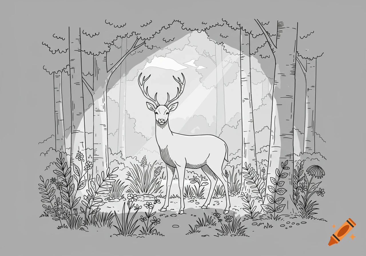 A line art drawing of a deer standing in a forest with trees and plants. Light rays shine through the trees in the background.