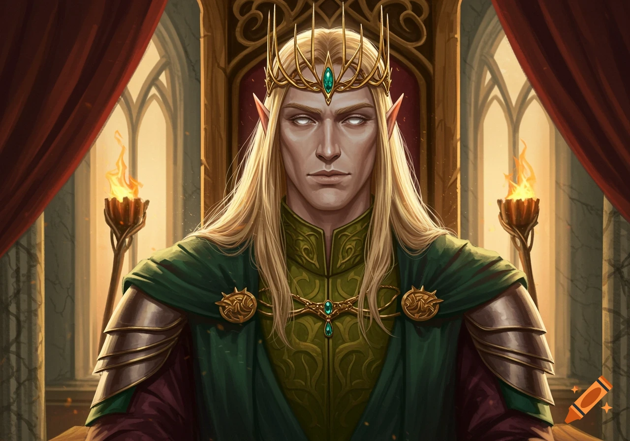 A handsome elven king with long golden hair, pale grey eyes, and a golden crown sits on a throne in a grand hall.