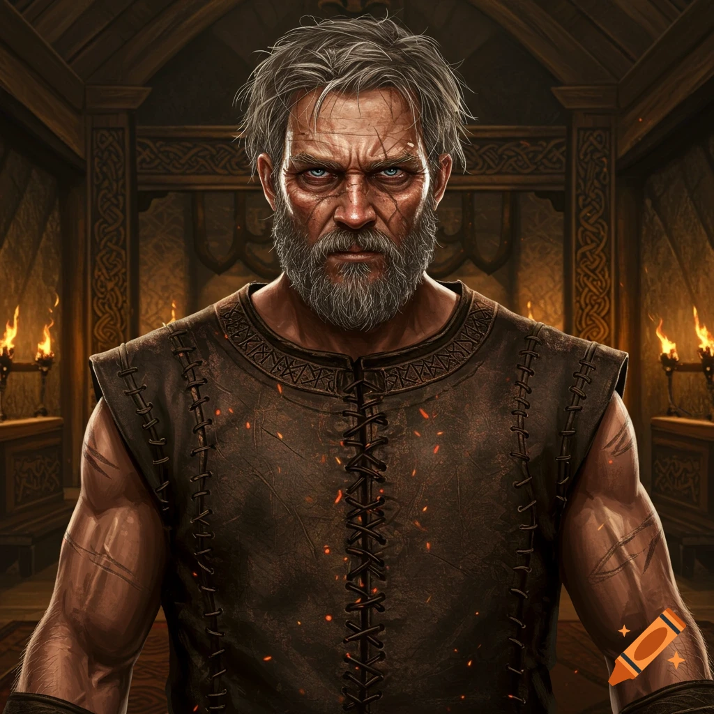 Close-up portrait of a serious, grizzled Norseman with a grey beard and blue eyes, wearing a leather tunic in a torchlit hall.