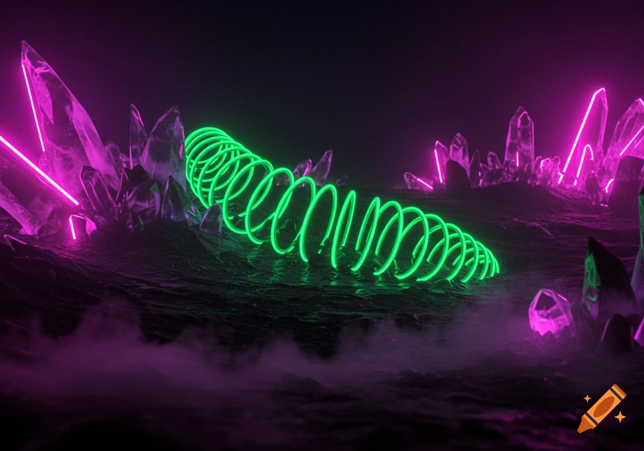 A glowing neon green spiral slinky lies on dark terrain with magenta glowing crystals and purple mist.