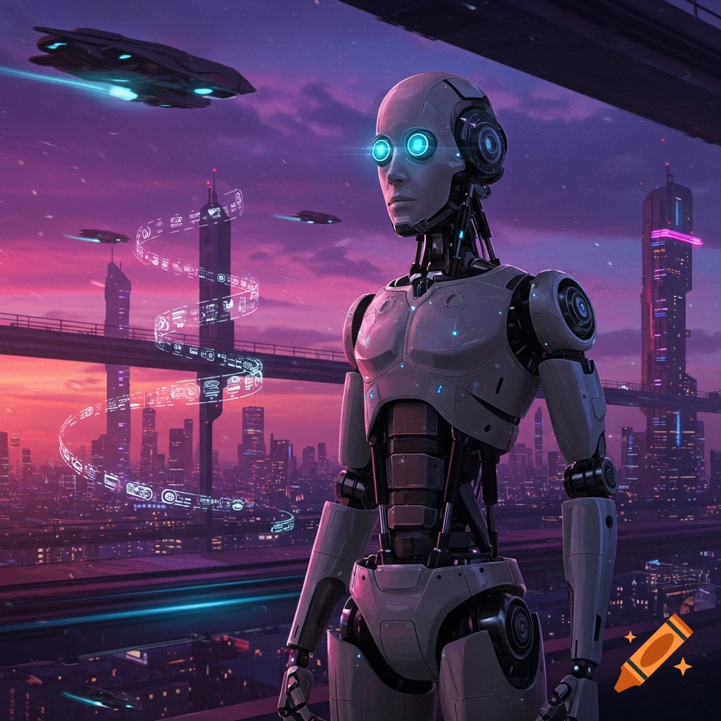 Photorealistic robot with glowing eyes in a futuristic city at sunset, with holographic data and flying vehicles.