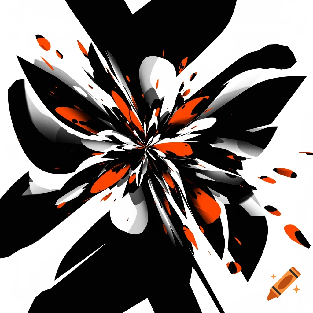 A dramatic abstract explosion of black, white, and orange shapes with scattered flecks.