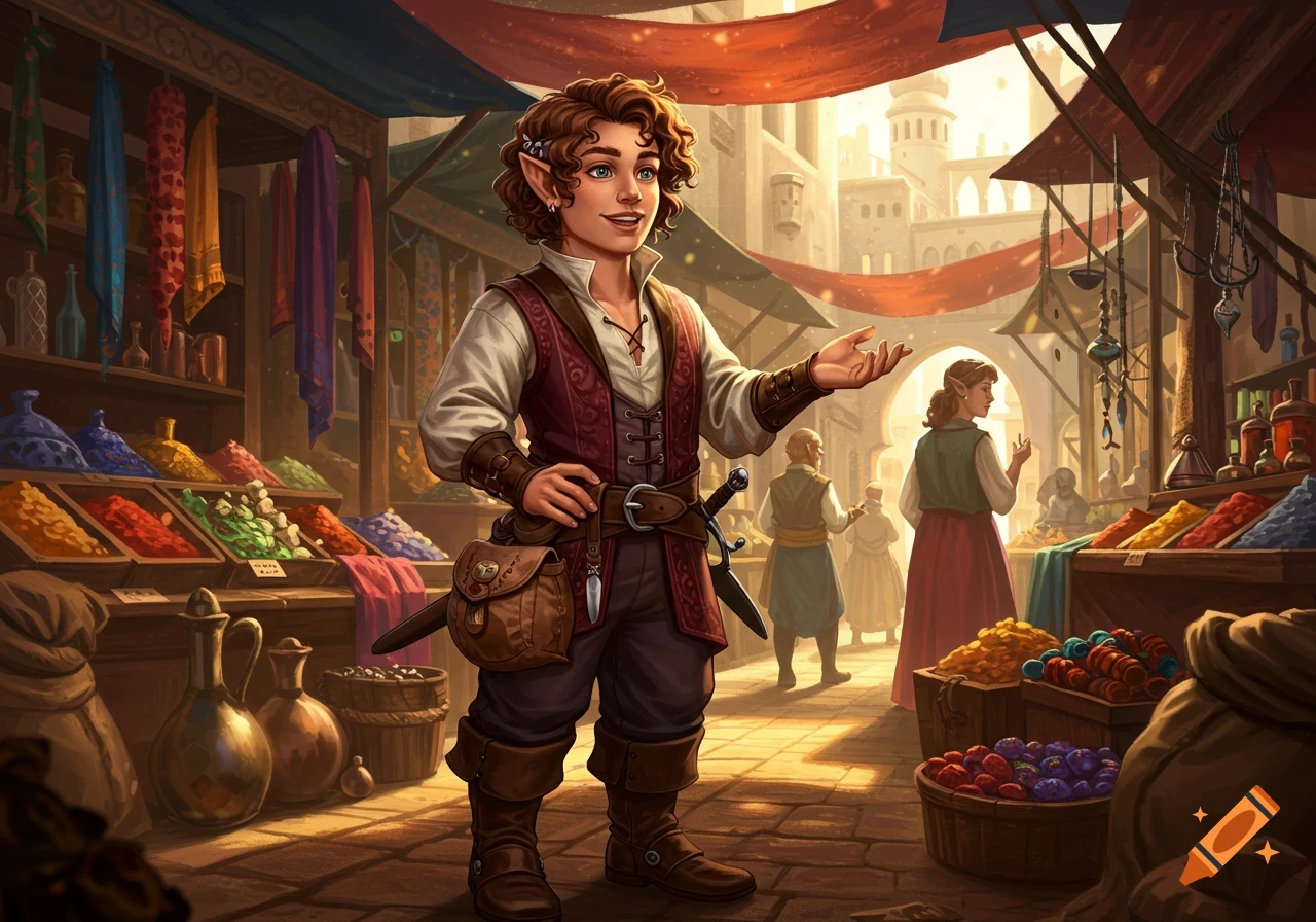A smiling young halfling merchant stands in a bustling fantasy market stall filled with colorful goods and spices.