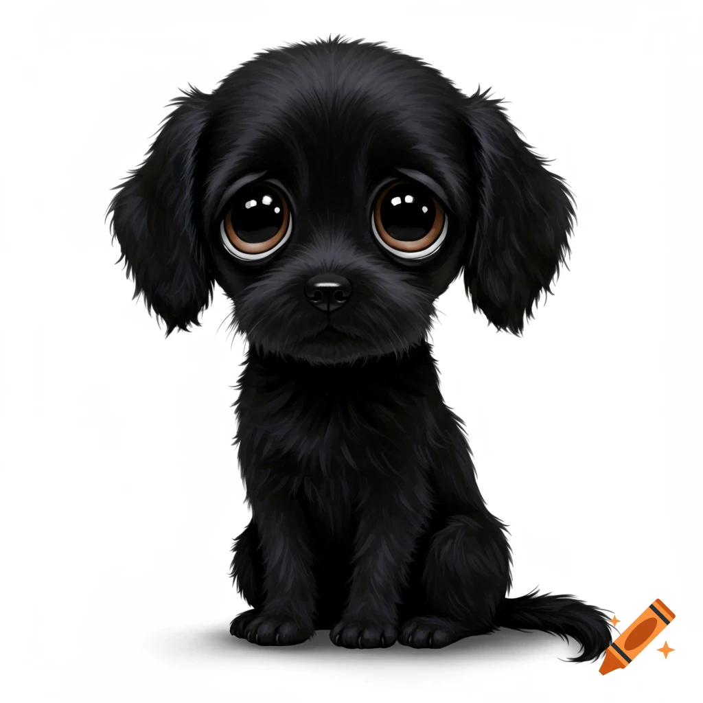 A cute, black puppy with large, brown, soulful eyes, sitting on a white background in a painterly, big-eyed style.