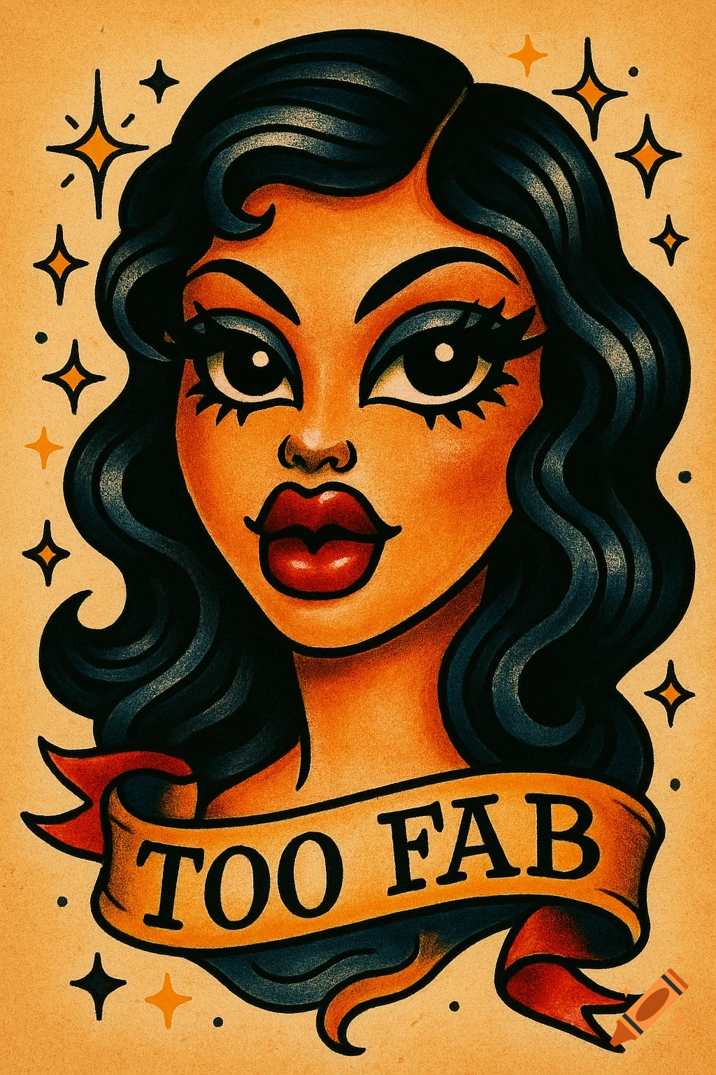 A colorful traditional tattoo-style portrait of a woman with dark hair, large eyes, and full red lips, with a banner below reading "TOO FAB" and stars around her head.