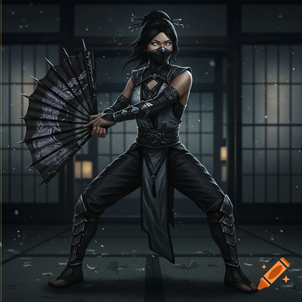 A female warrior in a black ninja outfit with a mask and glowing blue eyes, holding a spiked fan in a defensive pose in a dimly lit room.
