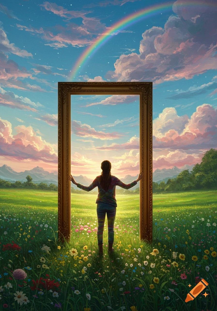 A person stands in a vibrant field looking through a large golden frame at a bright landscape with a rainbow and colorful clouds.