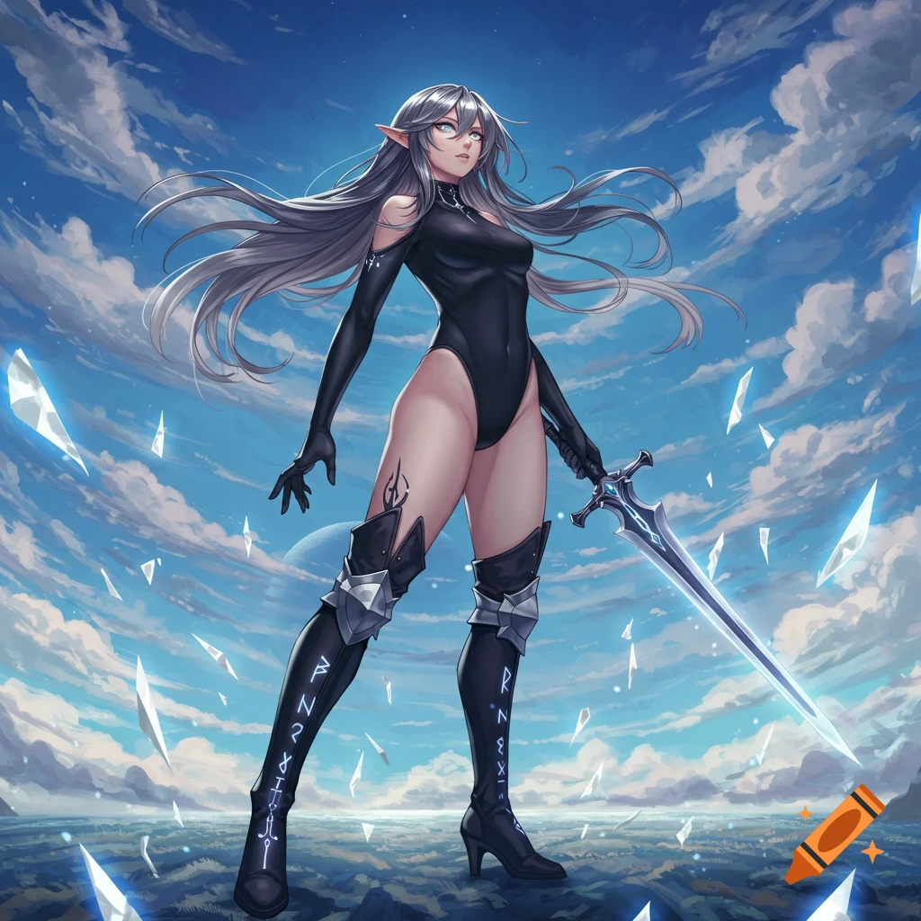 An anime female character with long gray hair, wearing a black leotard and thigh-high boots, holding a glowing sword under a cloudy blue sky with floating crystal shards.