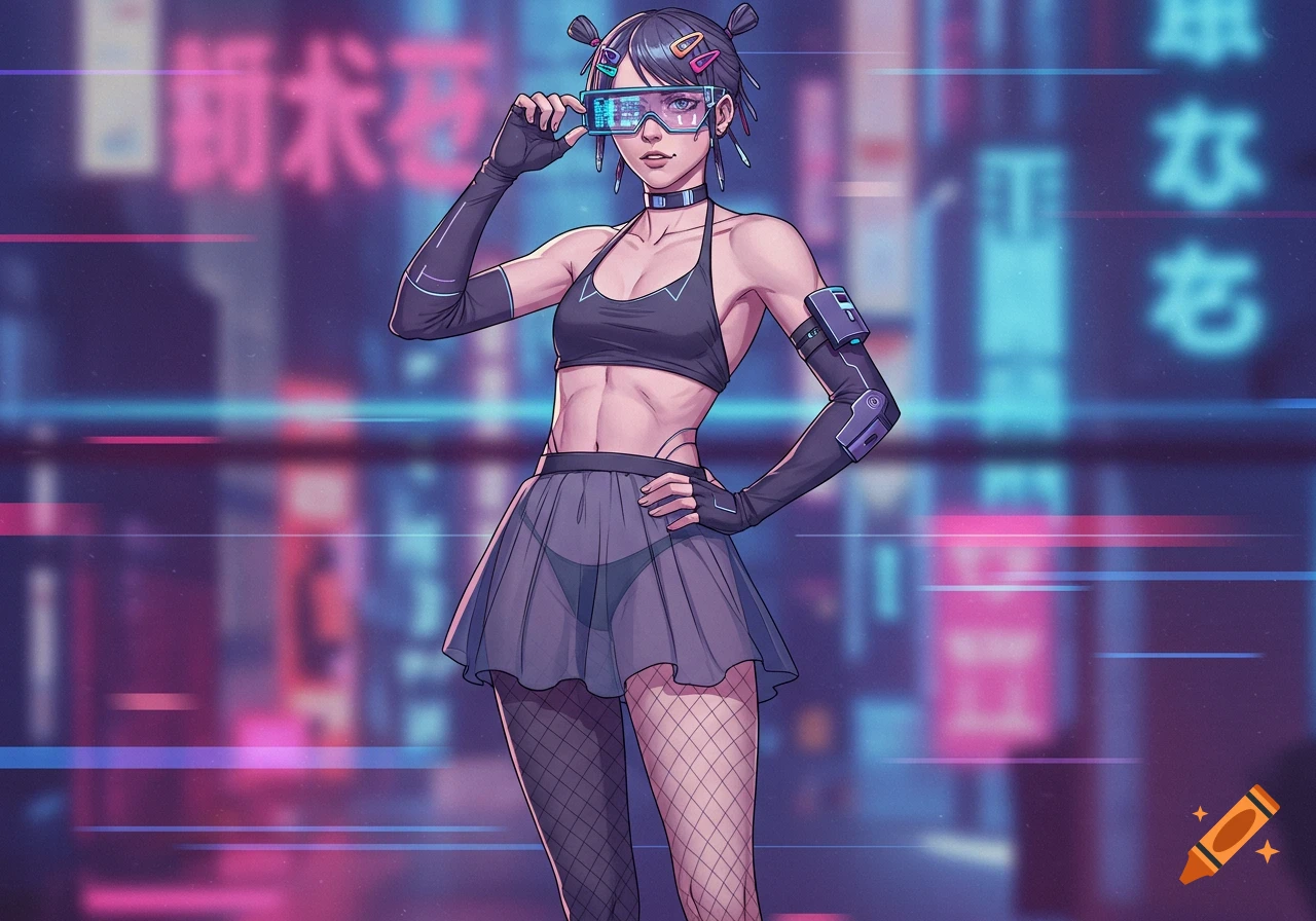 Anime-style cyberpunk woman with glowing glasses, crop top, and fishnets against a neon city background.