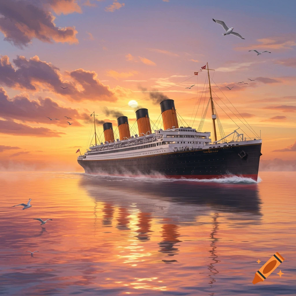 A large ocean liner, likely the RMS Olympic, sails across a calm sea at sunset, with a golden sky and reflections.