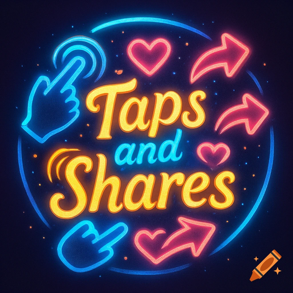 Neon art logo with 'Taps and Shares' text, glowing hands, hearts, and share arrows on a dark background.