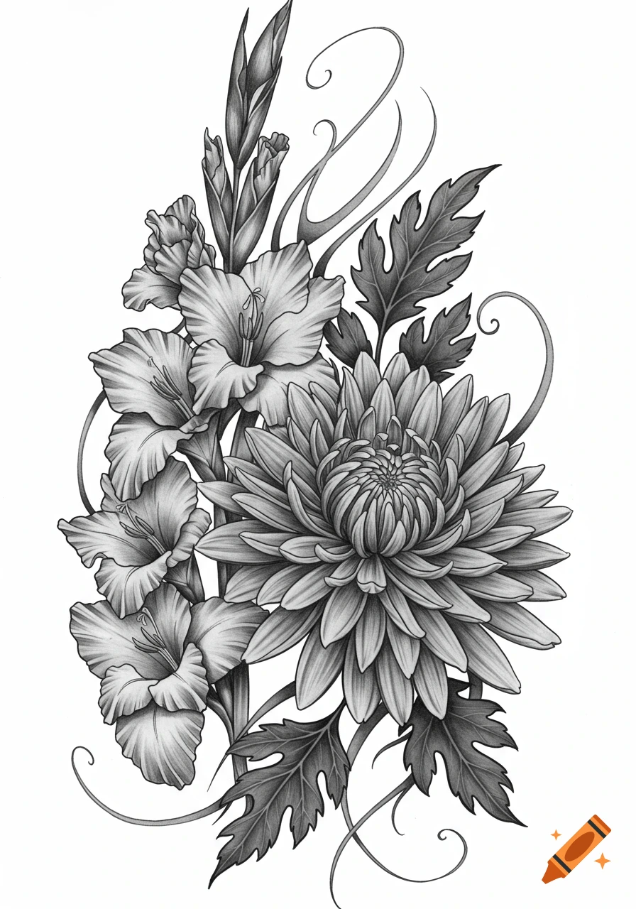 Detailed black and gray gladiolus and chrysanthemum flowers, illustrated in a tattoo style.