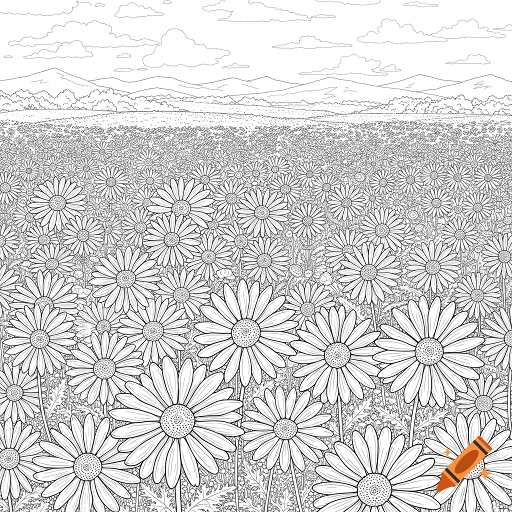 A black and white line art coloring page of a vast field of daisies under a sky with clouds and distant mountains.