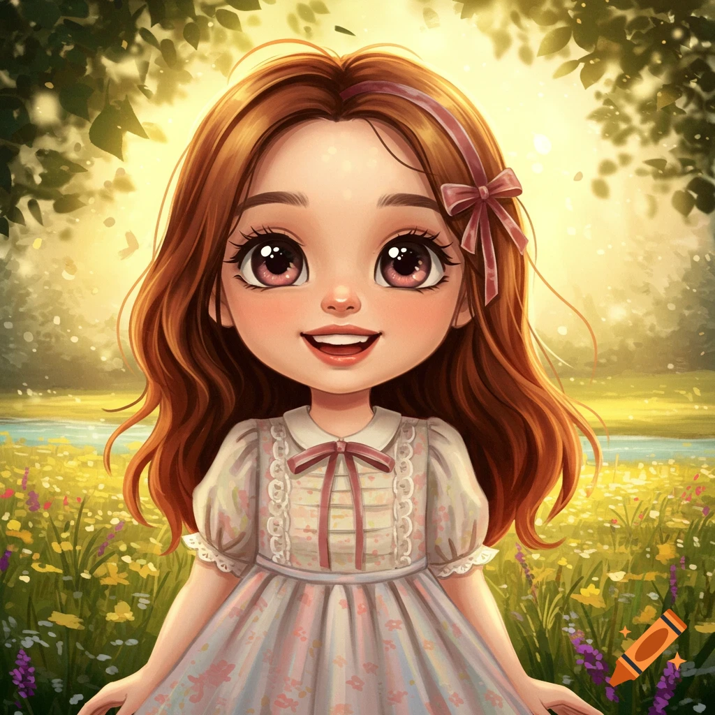 A cute, cartoon-style girl with brown hair and big eyes smiles in a sunny, flowery field.