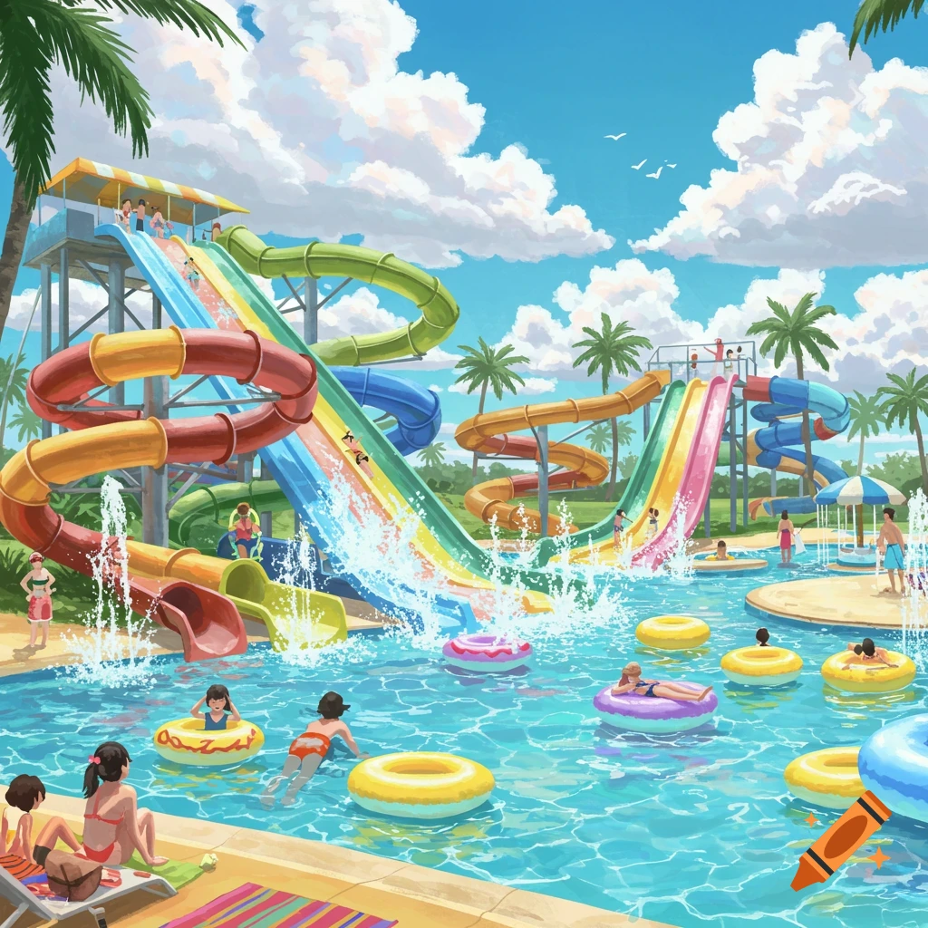 A colorful and vibrant water park with numerous water slides, pools, and people swimming and playing on a sunny day.