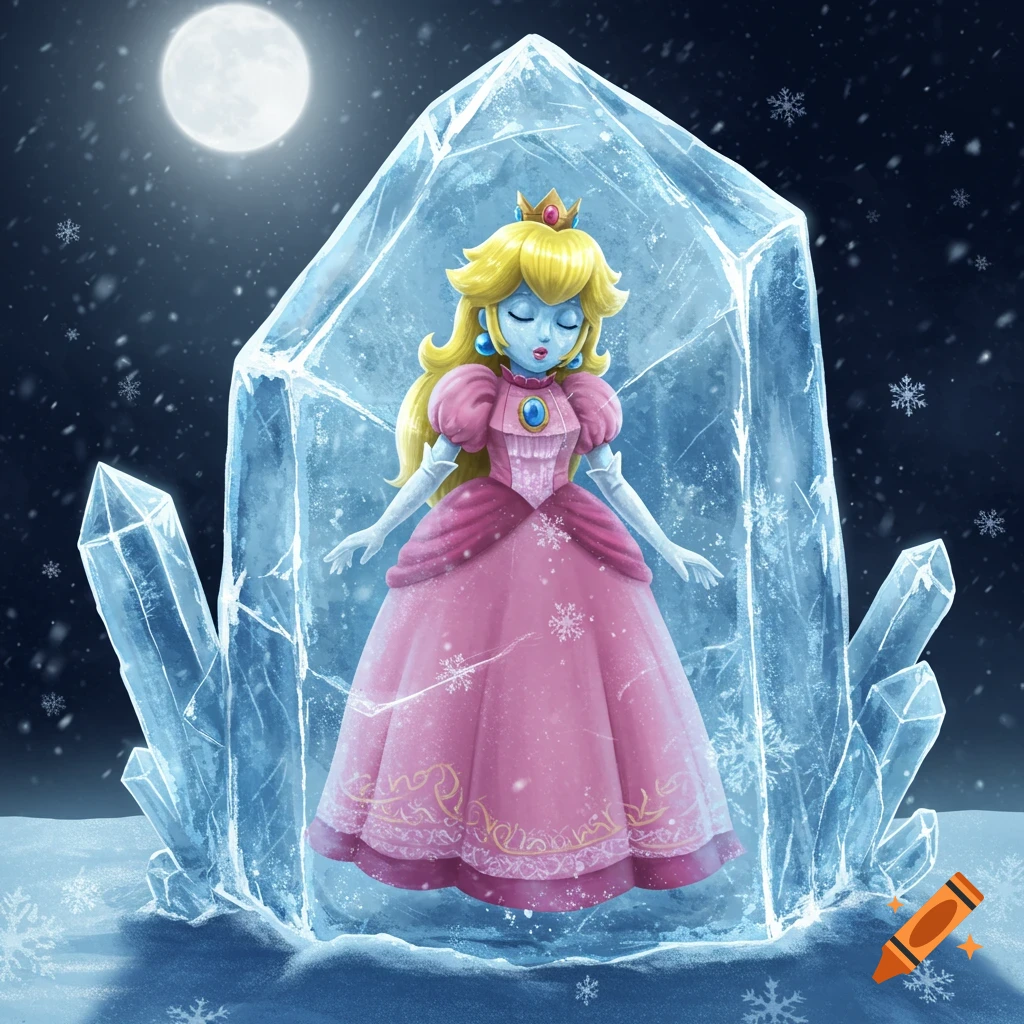 Princess Peach frozen in a large block of ice under a full moon in a snowy landscape, illustrated.