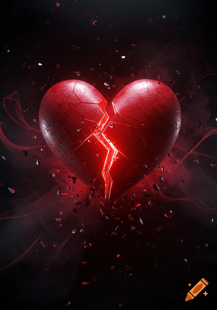 A glowing red heart, shattered down the middle, with debris flying against a dark, smoky background.