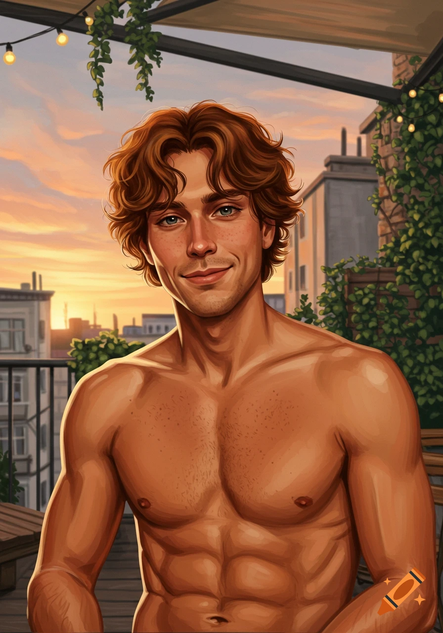 A shirtless man with wavy brown hair, blue eyes, and freckles smiles on a balcony at sunset with a cityscape background in a digital art style.