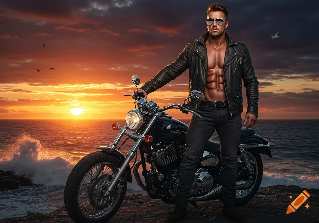 Muscular man in a leather jacket and jeans next to a motorcycle on rocks by the ocean at sunset, photorealistic.