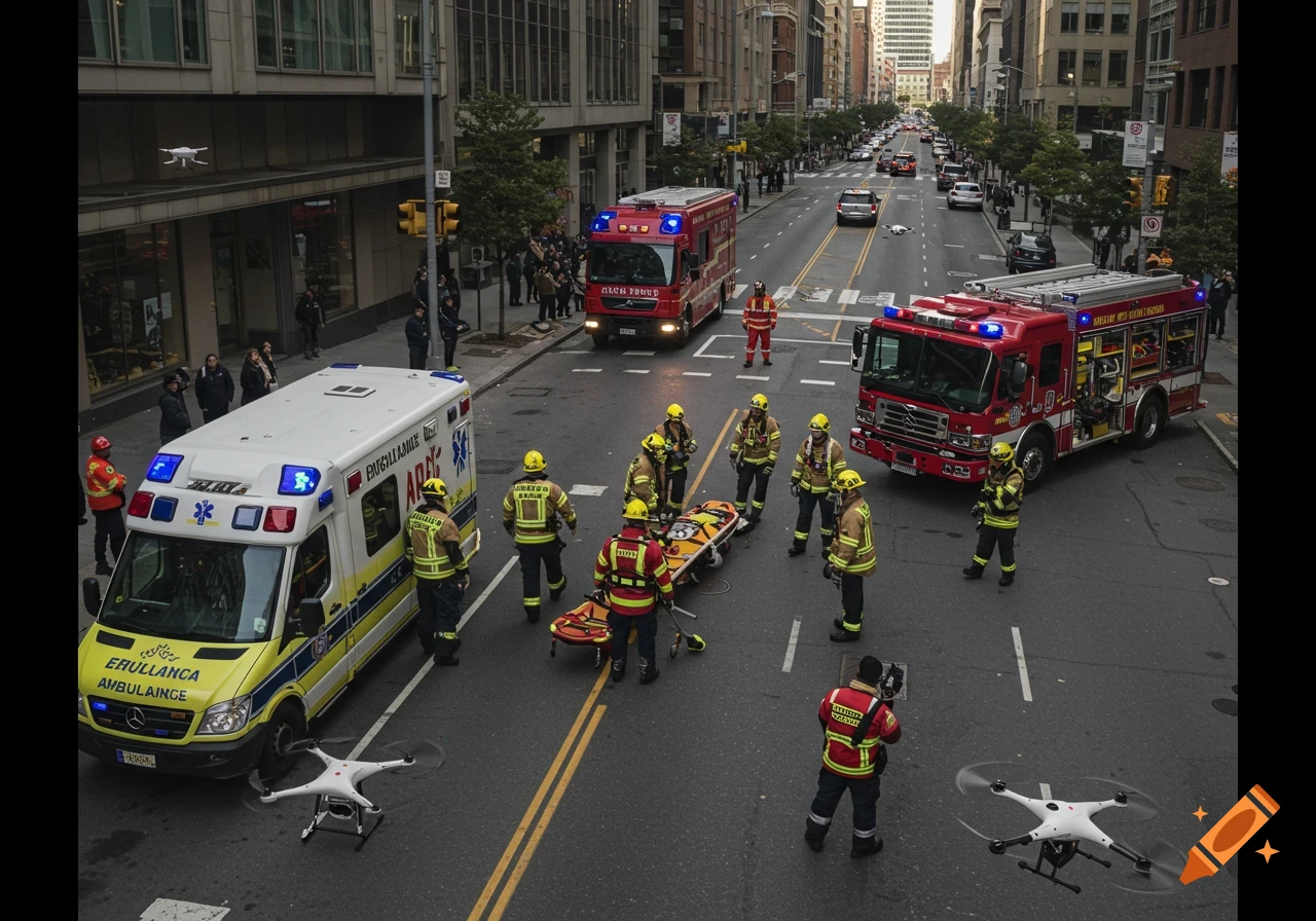 Aerial view of an urban street scene with first responders, an ambulance, and two fire trucks, with drones flying overhead.