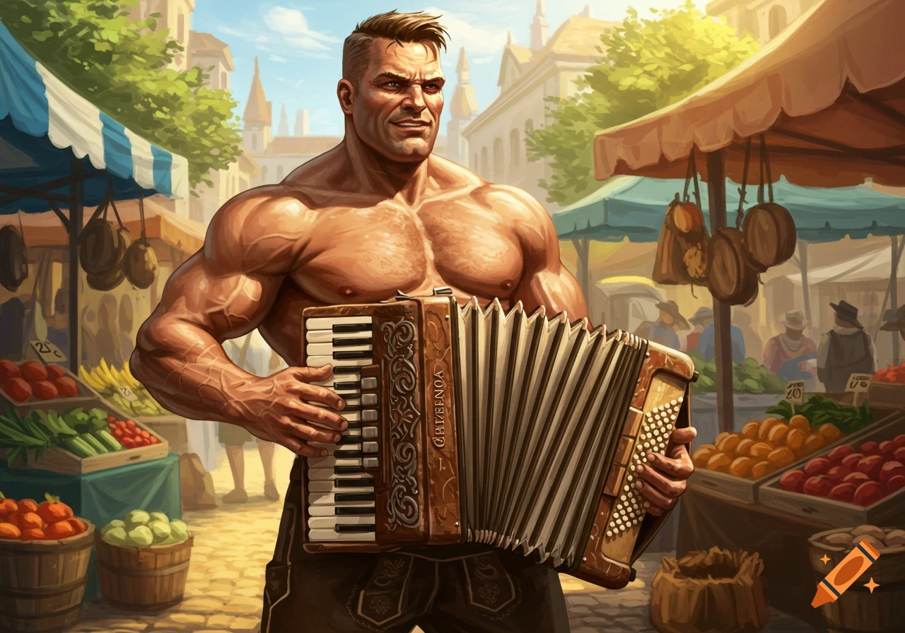 A brawny shirtless man plays an accordion at a bustling outdoor market filled with produce stalls, depicted in an illustrative style.