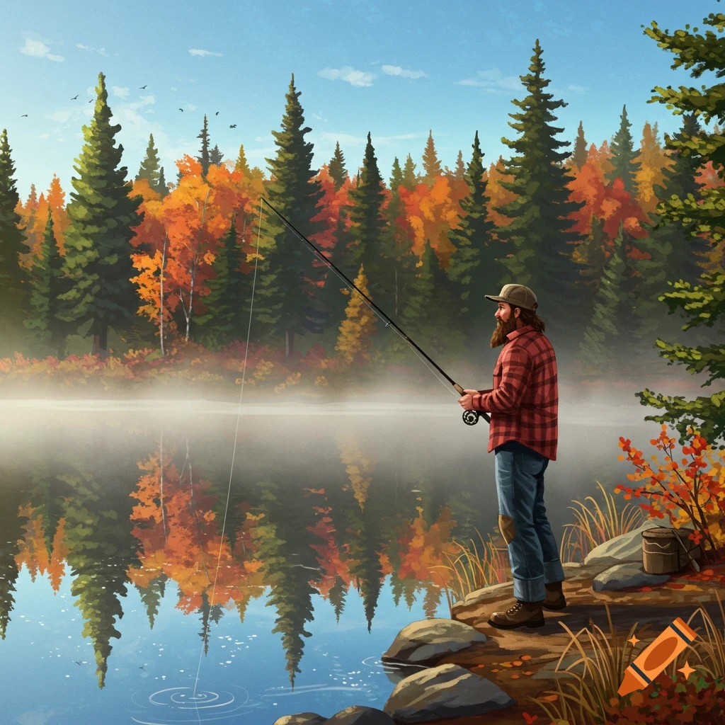 A bearded man in a plaid shirt stands by a misty lake, fishing, with autumn-colored trees reflecting in the water.