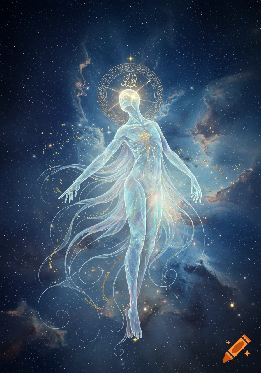 Ethereal glowing figure with Arabic calligraphy in a halo floats in a cosmic nebula filled with stars.