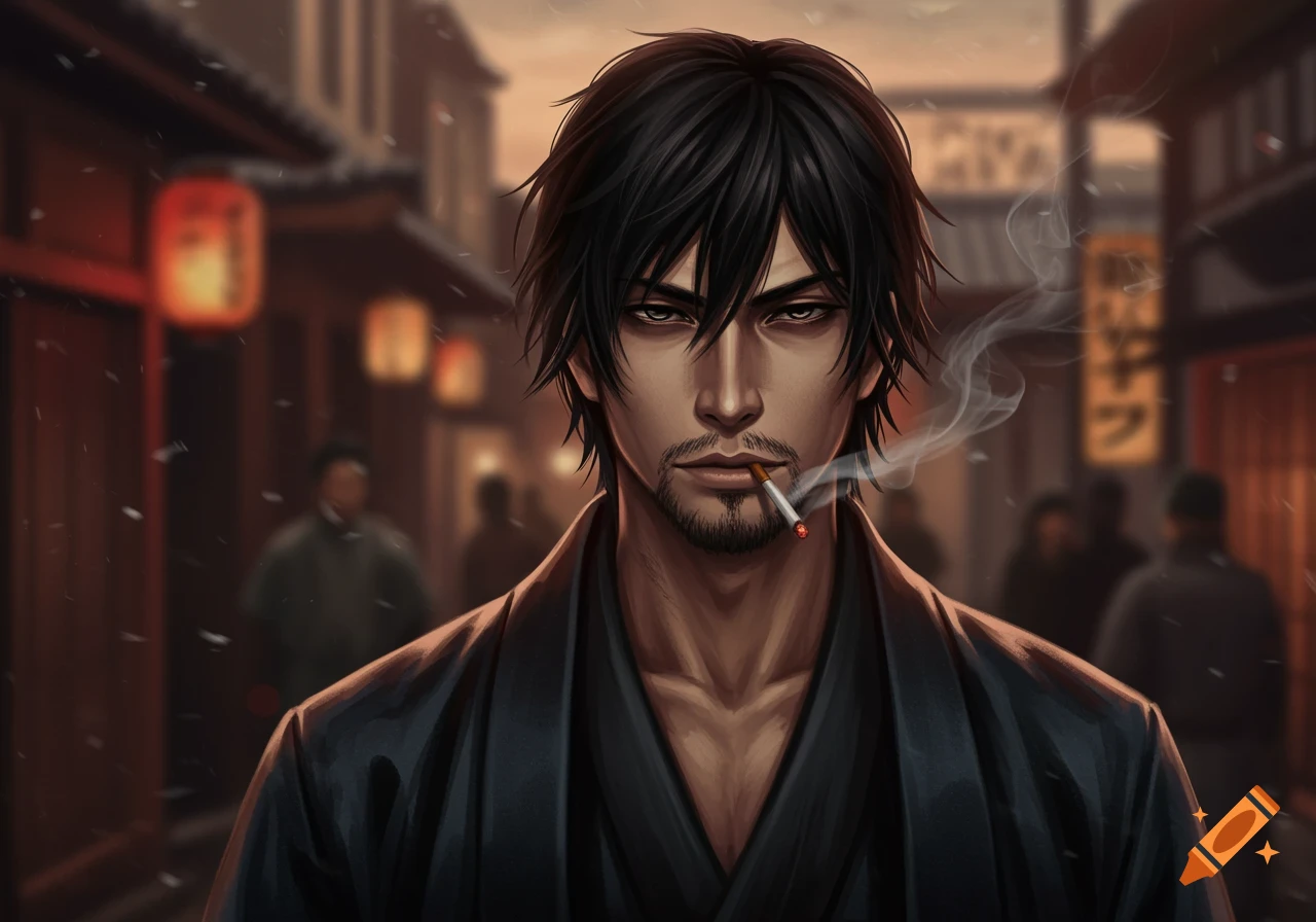 A handsome man with dark hair and a goatee smokes a cigarette on a Japanese street at dusk, in an anime-inspired realistic style.