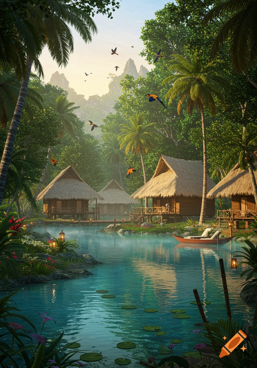 Photorealistic tropical resort with thatched-roof bungalows over a tranquil lake amidst lush jungle and palm trees, with birds flying.