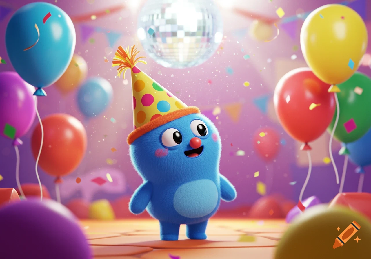 A cute blue fluffy cartoon character wearing a yellow party hat in a festive room with colorful balloons and confetti.