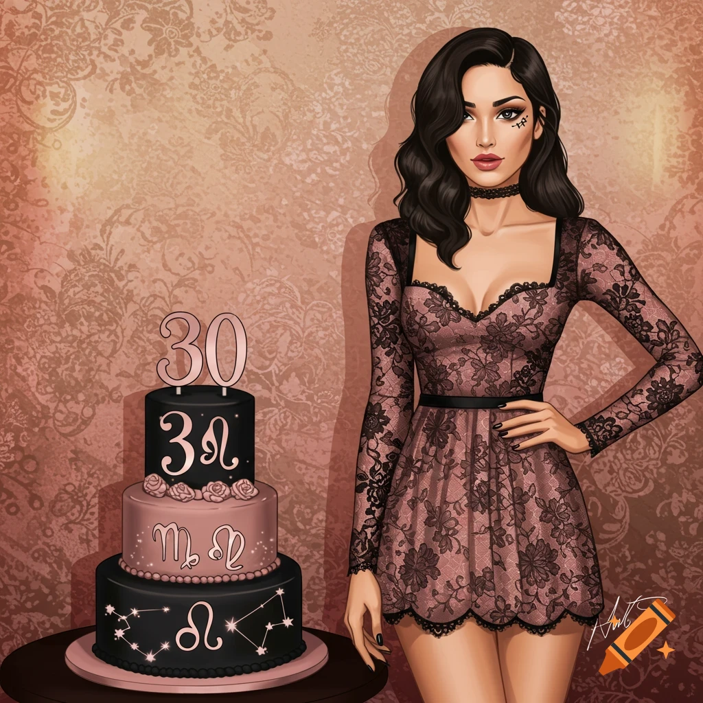 A stylized illustration of a woman in a black and pink lace dress next to a three-tier birthday cake with "30" and zodiac symbols.