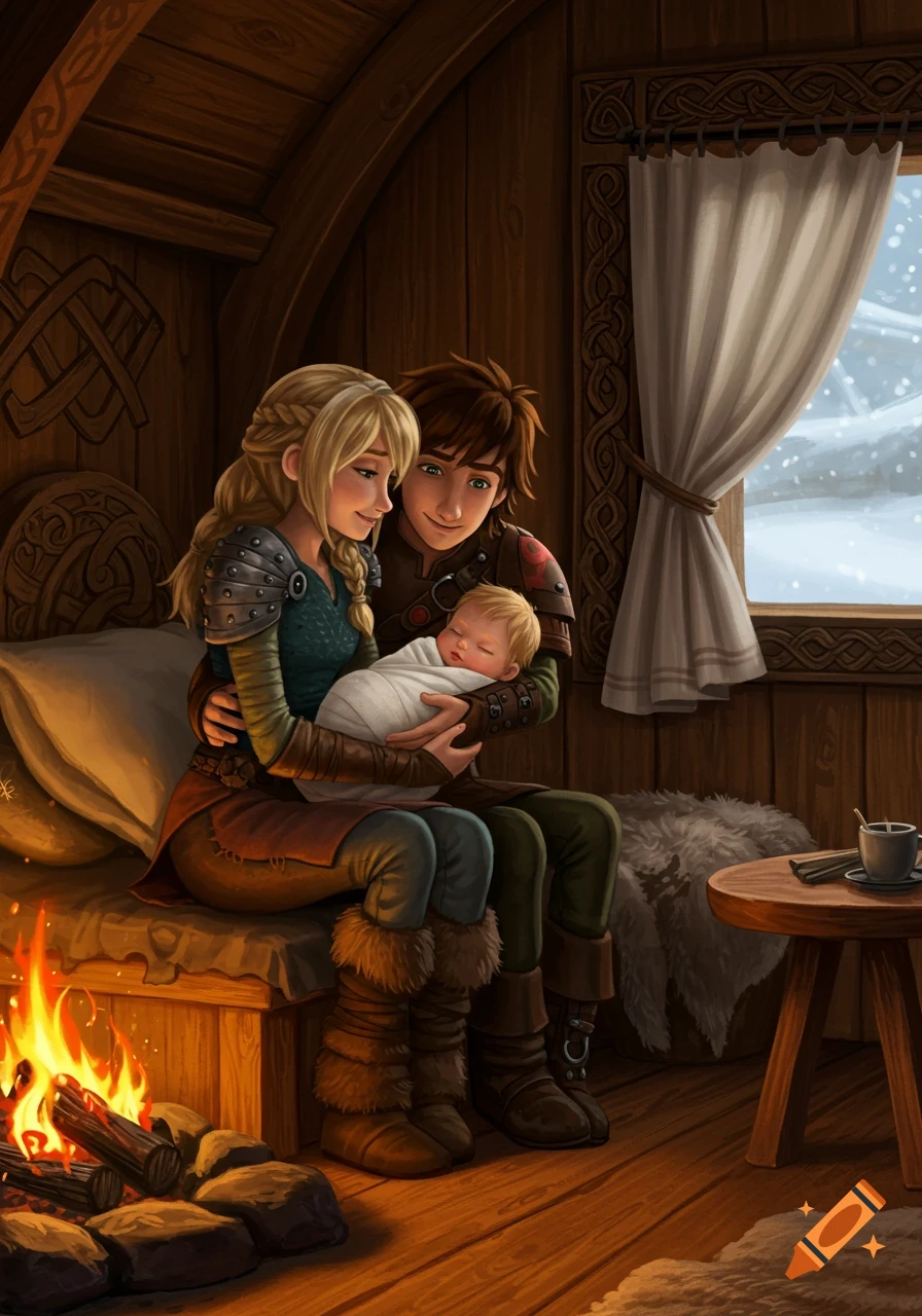 Hiccup and Astrid hold their newborn baby by a fireplace in a cozy wooden Viking hut.