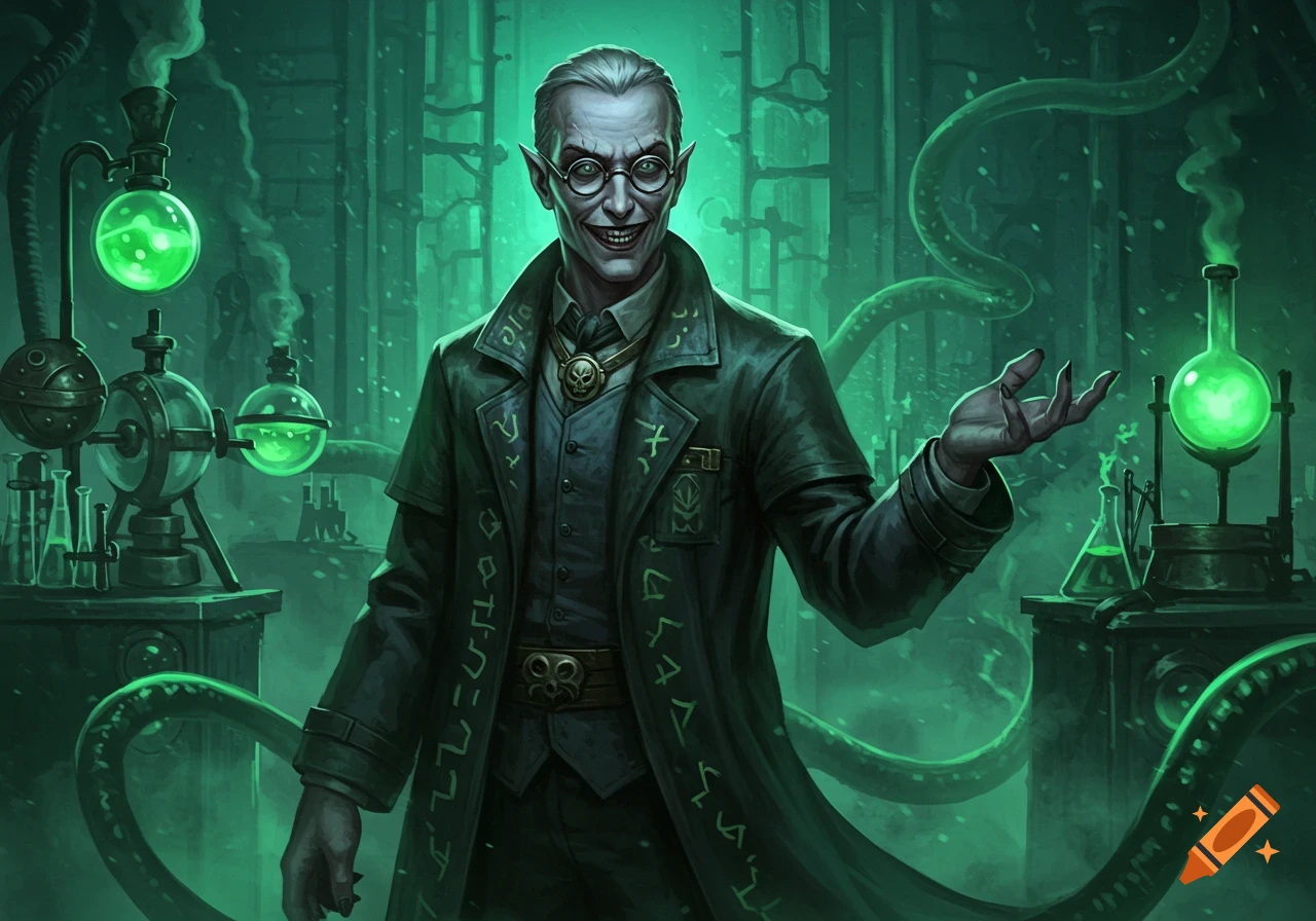 A creepy, grey-haired mad scientist in a dark green coat with glowing symbols smiles maniacally in a lab filled with green-glowing beakers and tentacle-like tubes, in an ominous, dark green atmosphere.