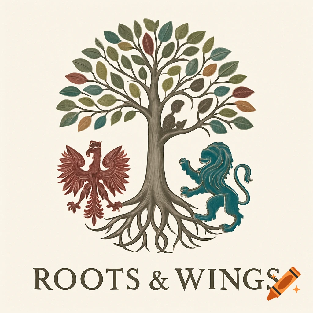 A stylized logo featuring a tree with roots forming a red Polish eagle and a blue British lion, with the text 'ROOTS & WINGS' below.