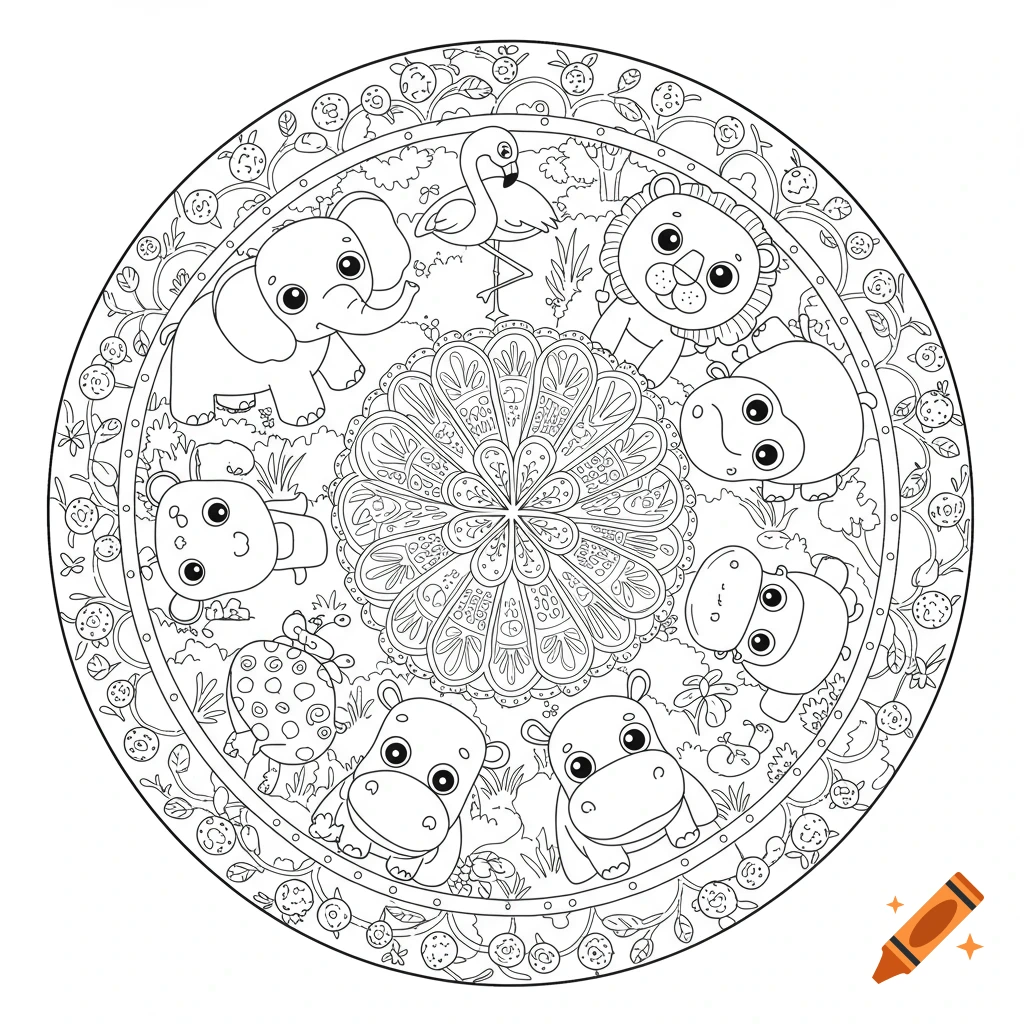 A mandala coloring page featuring cute cartoon safari animals like an elephant, flamingo, lion, hippos, and giraffe in a circular design with a zoo background, black outlines.