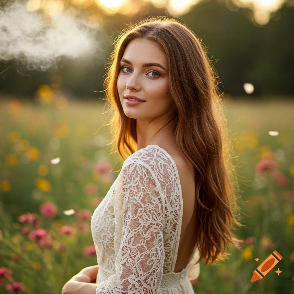 A beautiful young woman with long brown hair looks over her shoulder in a sunlit field of wildflowers, wearing a white lace dress.