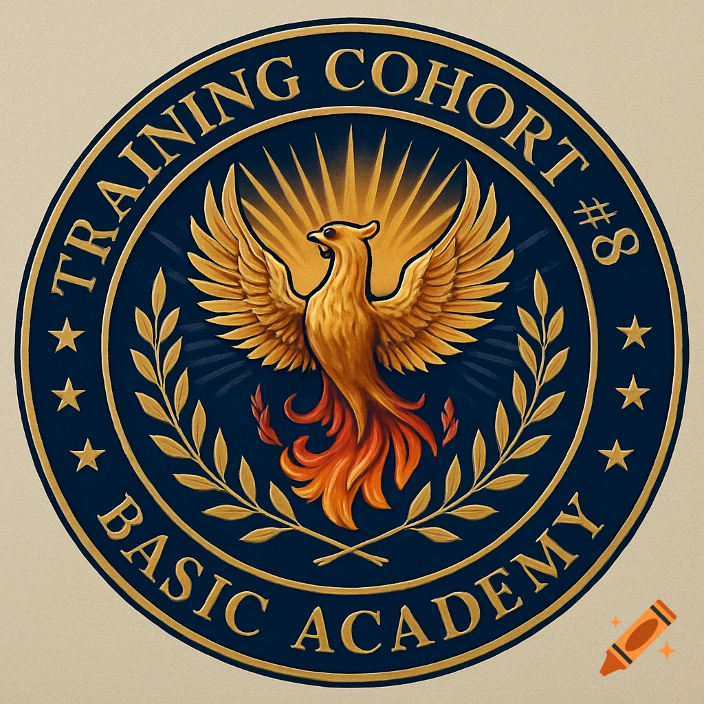 A detailed, circular golden and blue seal featuring a phoenix, laurel branches, stars, and the text 'TRAINING COHORT #8 BASIC ACADEMY'.