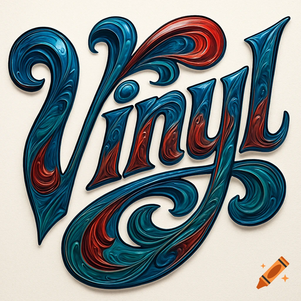 Stylized, ornate 3D text spelling 'Vinyl' in blue, teal, red, and orange on a cream background.