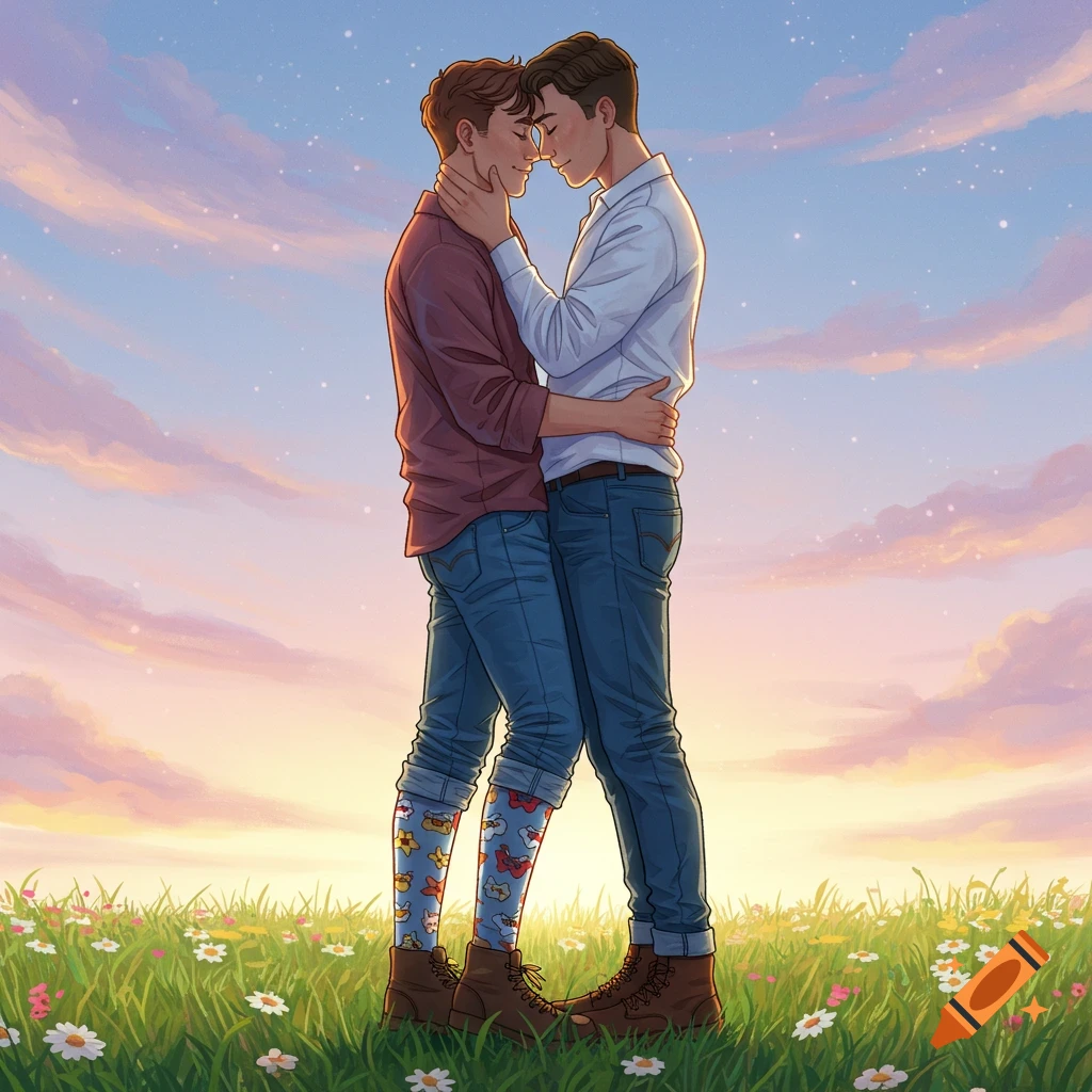 Illustration of two young men embracing and kissing in a grassy field under a colorful sunset sky, wearing rolled-up jeans and patterned socks.