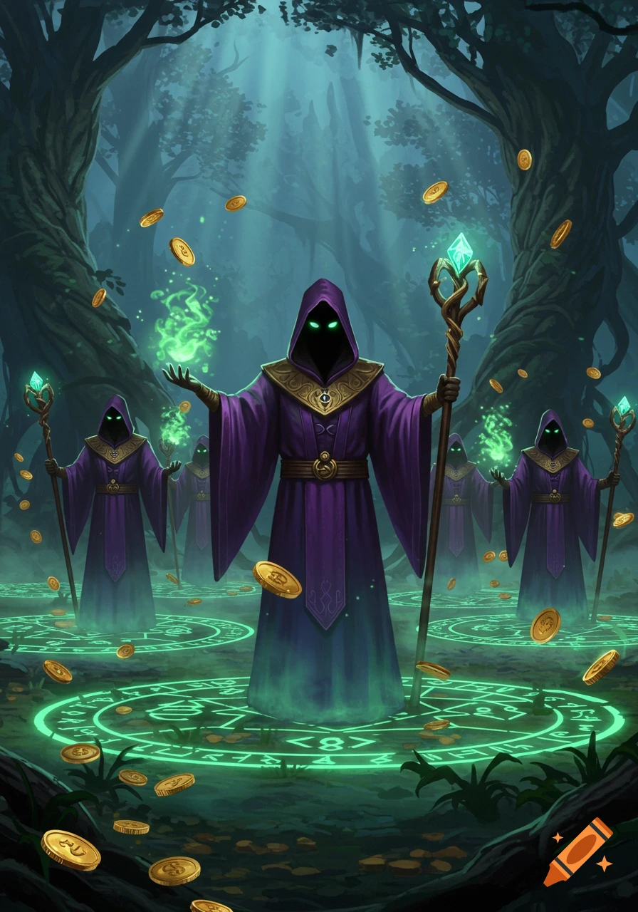 Hooded wizards with glowing green eyes in a dark forest, casting spells with green magic circles and floating gold coins.