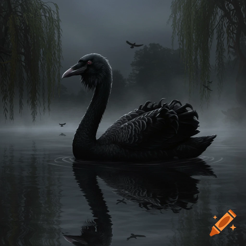 A black swan with a raven's head floats on a dark, misty lake with trees and flying birds in the background, digital painting.